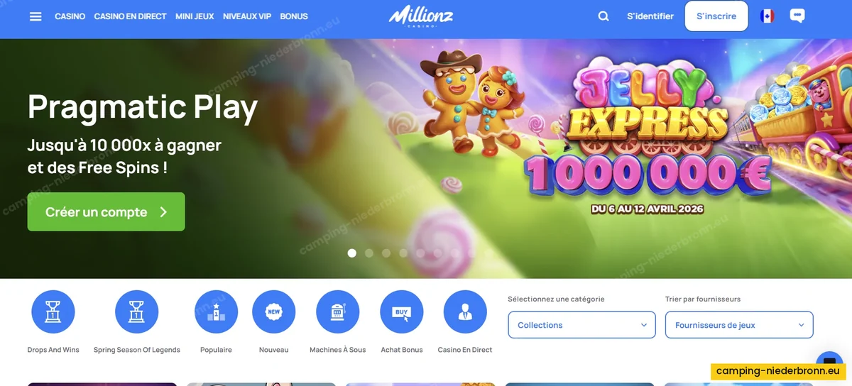 Interface de Millionz et son offre sans conditions de mise