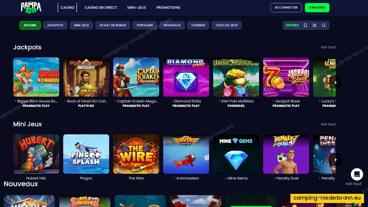Lobby de PampaGo et son cashback sans conditions de mise