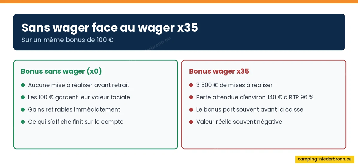 Comparaison entre un bonus sans wager et un bonus à wager x35